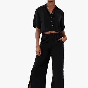 NEW Plush Apparel Revolve Black Faux Silk Satin Crop Top Wide-Leg Pants Set (M)